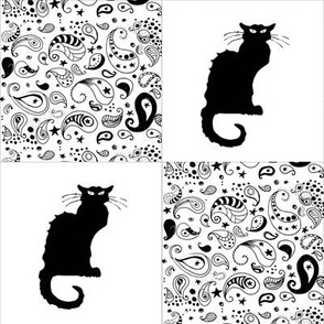 Black and White Paisley Le Chat Noir Cat Patchwork Cheater Quilt Blocks