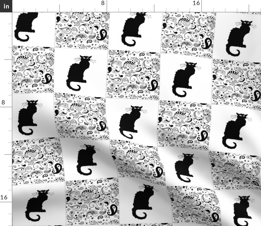 Black and White Paisley Le Chat Noir Cat Patchwork Cheater Quilt Blocks