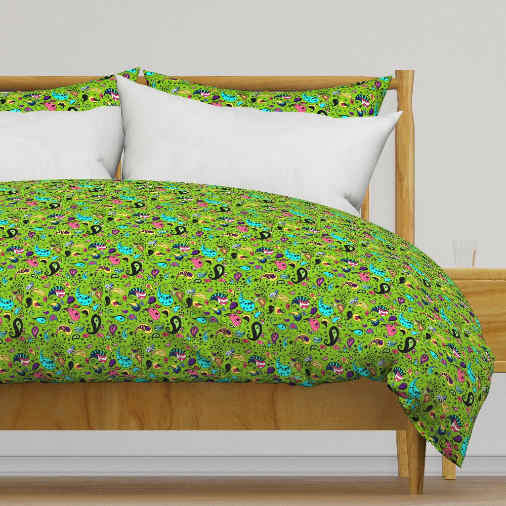 Colorful Paisley on Bright Grass Green