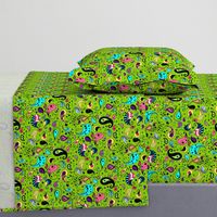 Colorful Paisley on Bright Grass Green