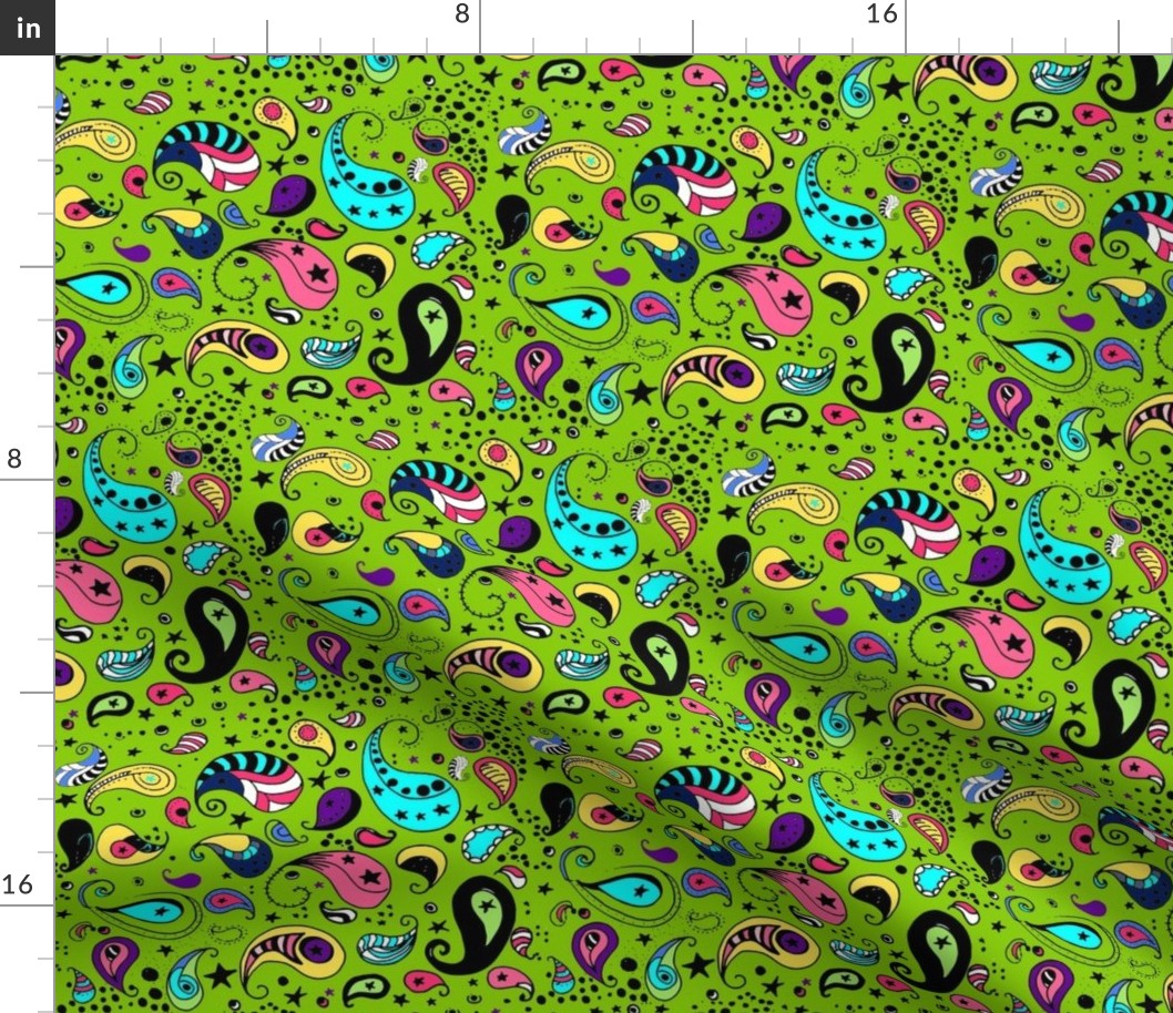 Colorful Paisley on Bright Grass Green