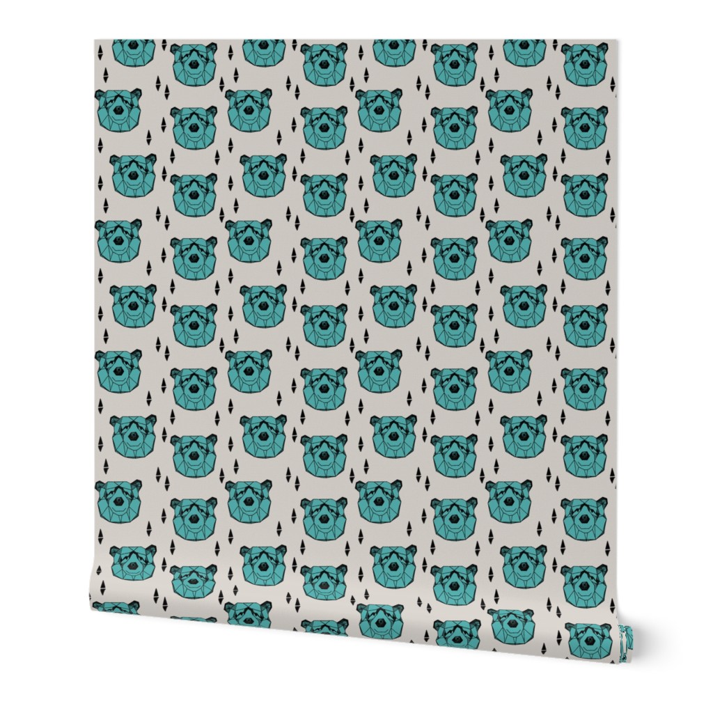 bear head // geometric bear head grey and blue fabric turquoise nursery baby design bears woodland outdoors fabric