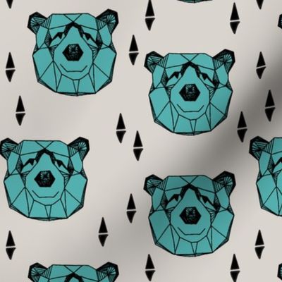 bear head // geometric bear head grey and blue fabric turquoise nursery baby design bears woodland outdoors fabric