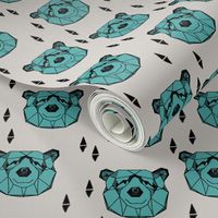 bear head // geometric bear head grey and blue fabric turquoise nursery baby design bears woodland outdoors fabric