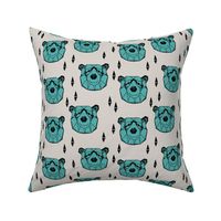 bear head // geometric bear head grey and blue fabric turquoise nursery baby design bears woodland outdoors fabric