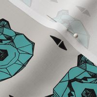 bear head // geometric bear head grey and blue fabric turquoise nursery baby design bears woodland outdoors fabric