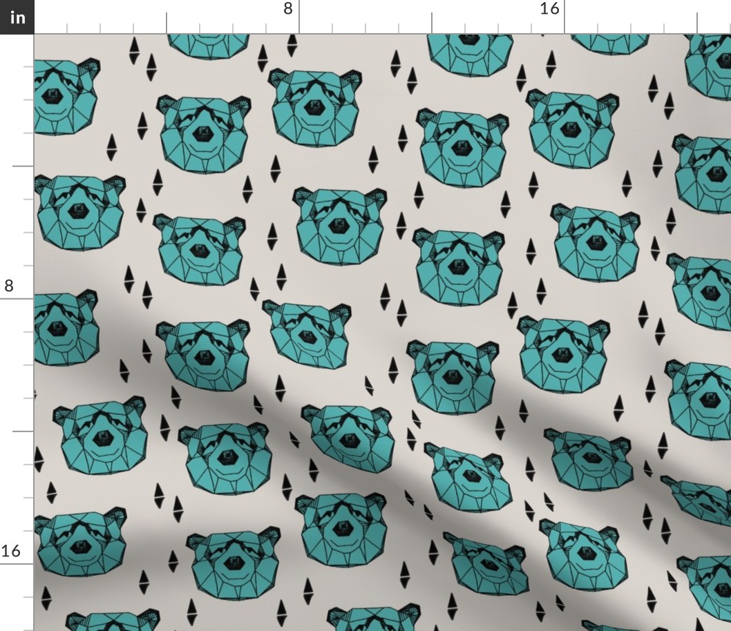 bear head // geometric bear head grey and blue fabric turquoise nursery baby design bears woodland outdoors fabric