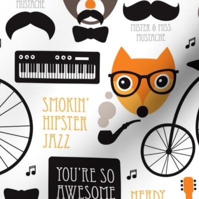 Cool fox hipster jazz music instruments illustration animals and mustache