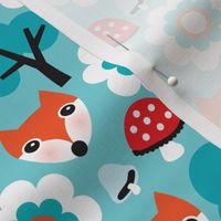 Cute retro fox fall mushroom woodland illustration fabric for kids