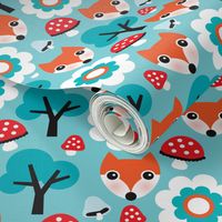 Cute retro fox fall mushroom woodland illustration fabric for kids