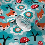 Cute retro fox fall mushroom woodland illustration fabric for kids
