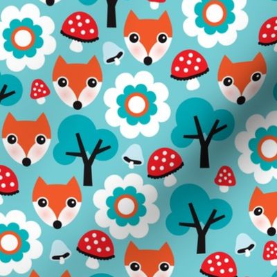 Cute retro fox fall mushroom woodland illustration fabric for kids