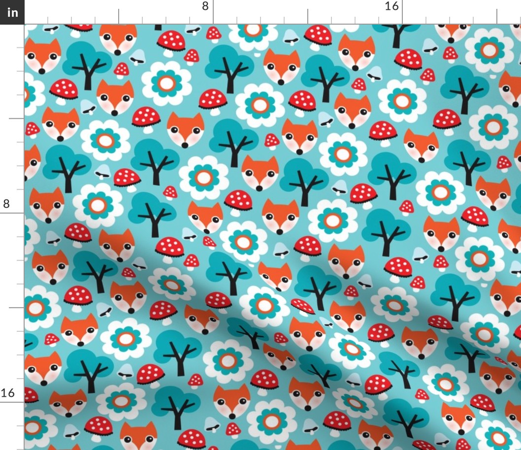 Cute retro fox fall mushroom woodland illustration fabric for kids