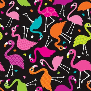 Flamingo summer colorful tropical birds retro girls print black