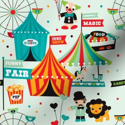 Circus animal fun fair lion fair big wheel and popcornprint