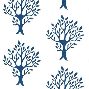 White tree stamp fabric5 - Orchard - dk-blue-WHITE
