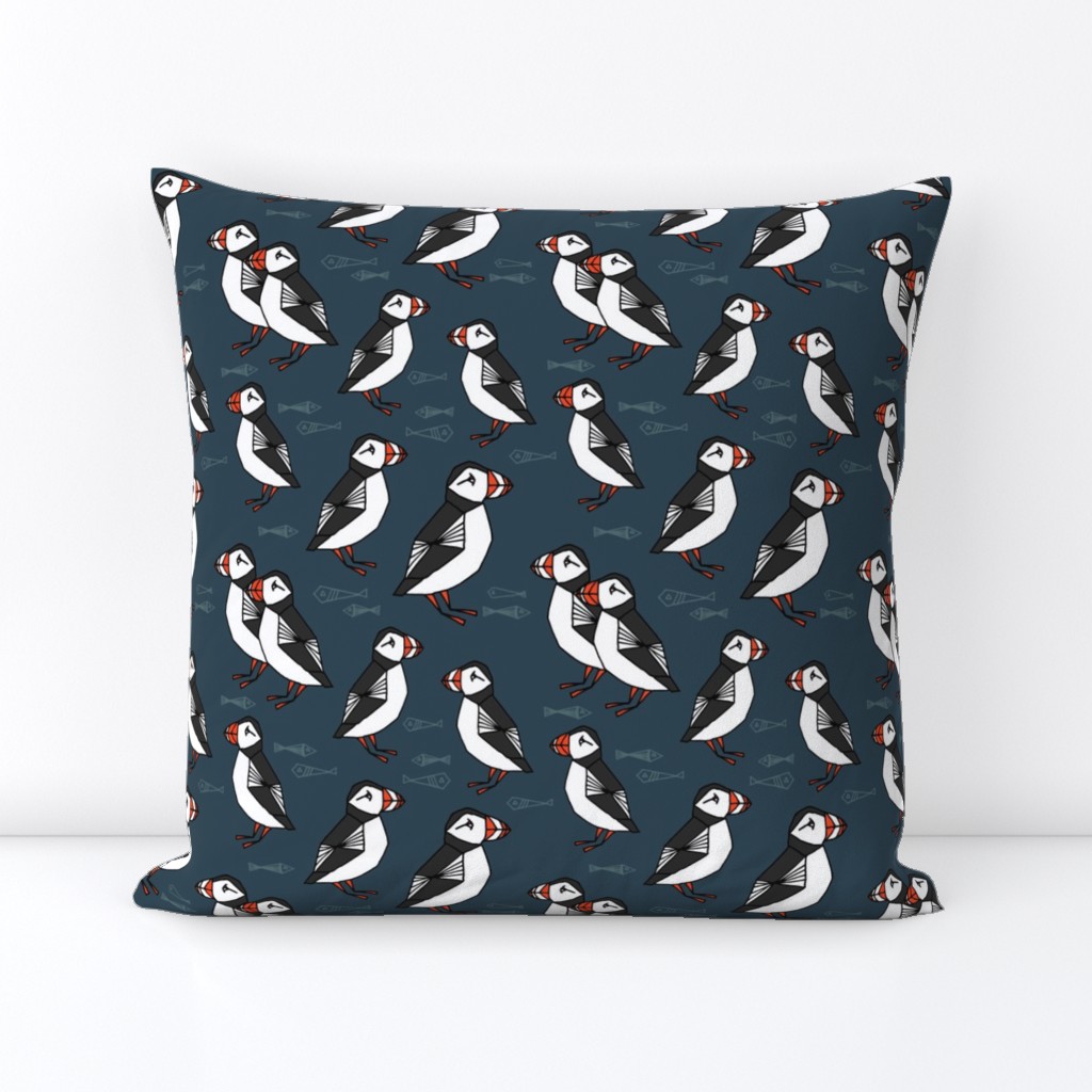 puffins // dark navy blue puffins fabric birds bird