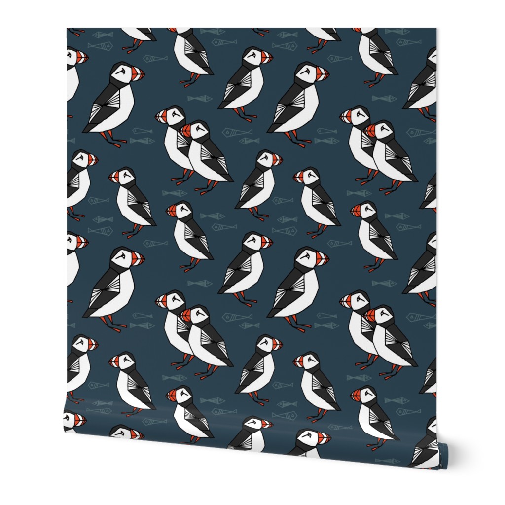 puffins // dark navy blue puffins fabric birds bird