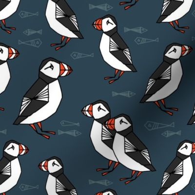 puffins // dark navy blue puffins fabric birds bird