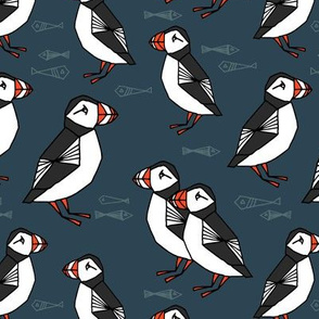 puffins // dark navy blue puffins fabric birds bird