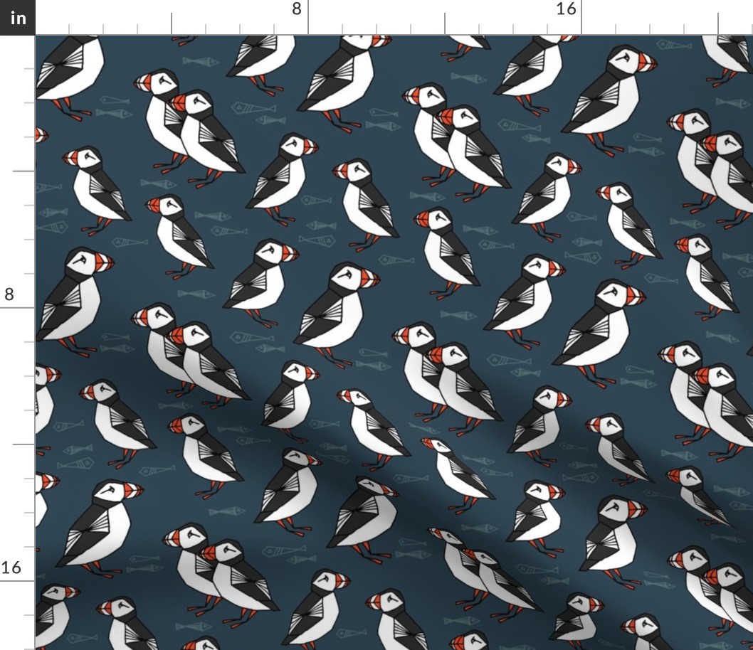 puffins // dark navy blue puffins fabric birds bird