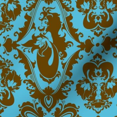 Mermaid Damask in Blue and Brown