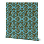 Mermaid Damask in Blue and Brown