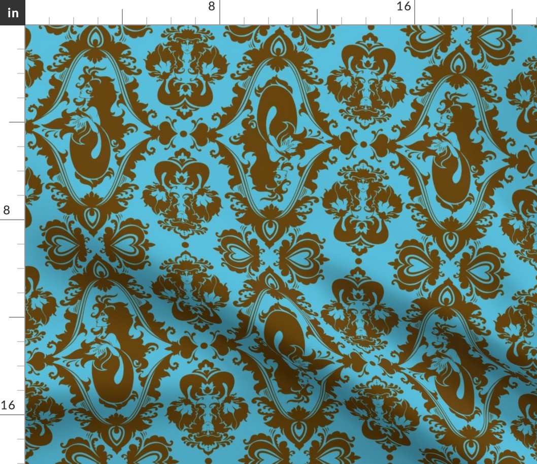 Mermaid Damask in Blue and Brown