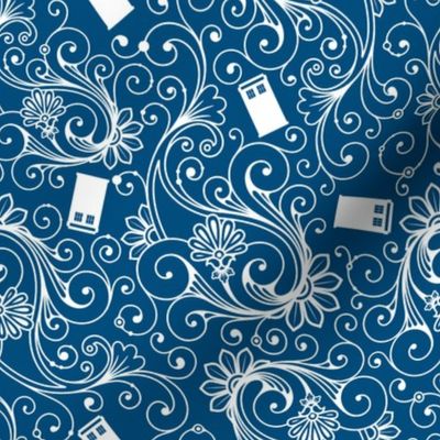 White Phone Boxes and Swirls on Blue