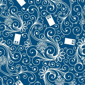 White Phone Boxes and Swirls on Blue