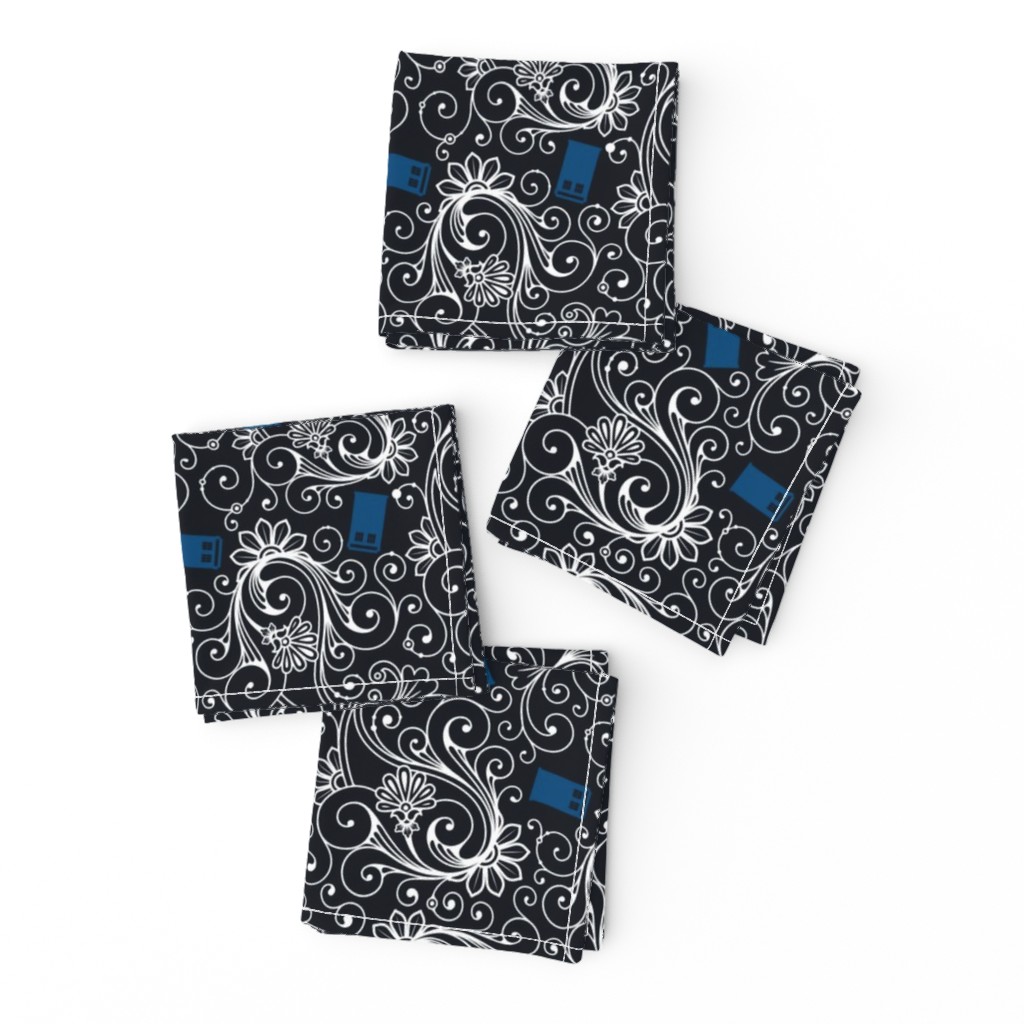 Blue Phone Boxes and White Swirls on Black