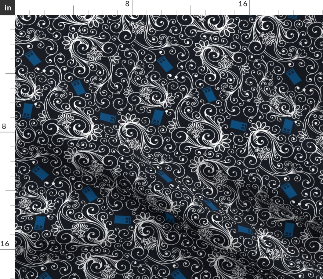 Blue Phone Boxes and White Swirls on Black