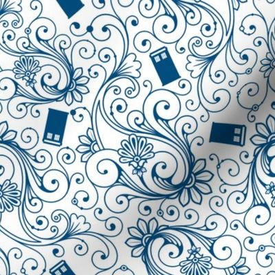 Blue Phone Boxes and Swirls on White