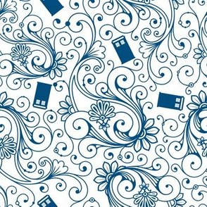 Blue Phone Boxes and Swirls on White