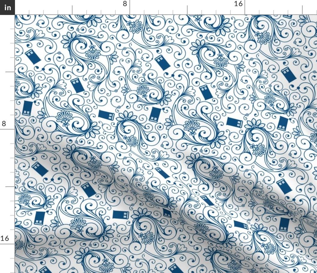 Blue Phone Boxes and Swirls on White