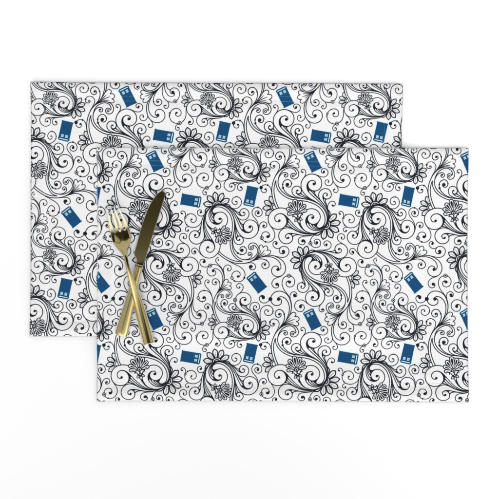 Blue Phone Boxes and Black Swirls on White - Large Swirls