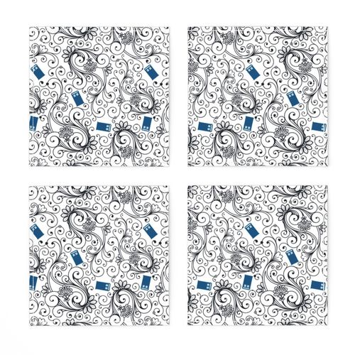 Blue Phone Boxes and Black Swirls on White - Large Swirls