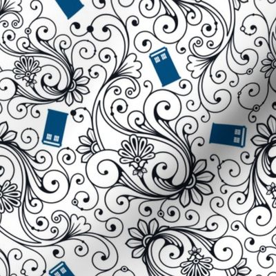 Blue Phone Boxes and Black Swirls on White - Large Swirls