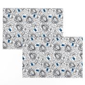 Blue Phone Boxes and Black Swirls on White - Large Swirls