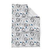 Blue Phone Boxes and Black Swirls on White - Large Swirls