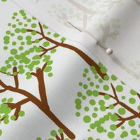 Whimsical trees with brown trunks and bright green canopies on a white background, exuding vitality.