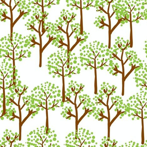 Whimsical trees with brown trunks and bright green canopies on a white background, exuding vitality.