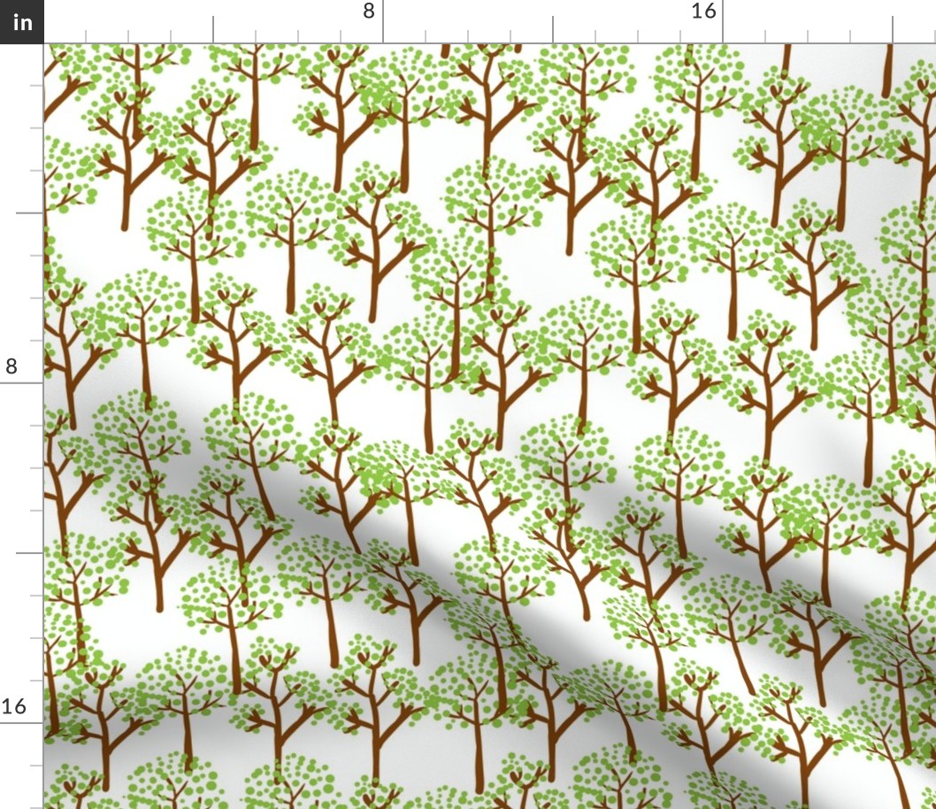 Whimsical trees with brown trunks and bright green canopies on a white background, exuding vitality.