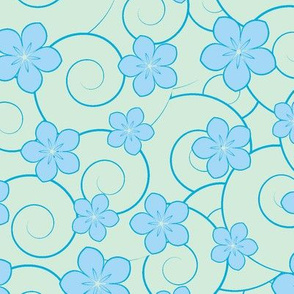 blue flowers and blue swirls