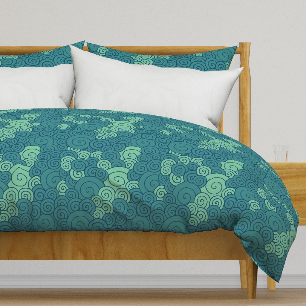 Teal spirals swirl in a soothing oceanic dance, blending serenity with rhythmic movement.