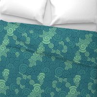 Teal spirals swirl in a soothing oceanic dance, blending serenity with rhythmic movement.