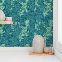 Teal spirals swirl in a soothing oceanic dance, blending serenity with rhythmic movement.