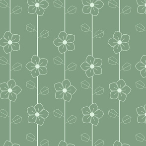 Serene sage green with stylized white flowers and geometric leaves, offering tranquil elegance.