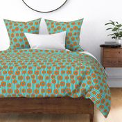 Bright orange flowers on light and dark turquoise stripes evoke a fun, retro vibe with a graphic twist.