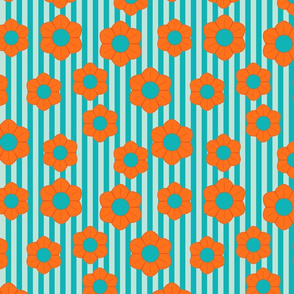 Bright orange flowers on light and dark turquoise stripes evoke a fun, retro vibe with a graphic twist.